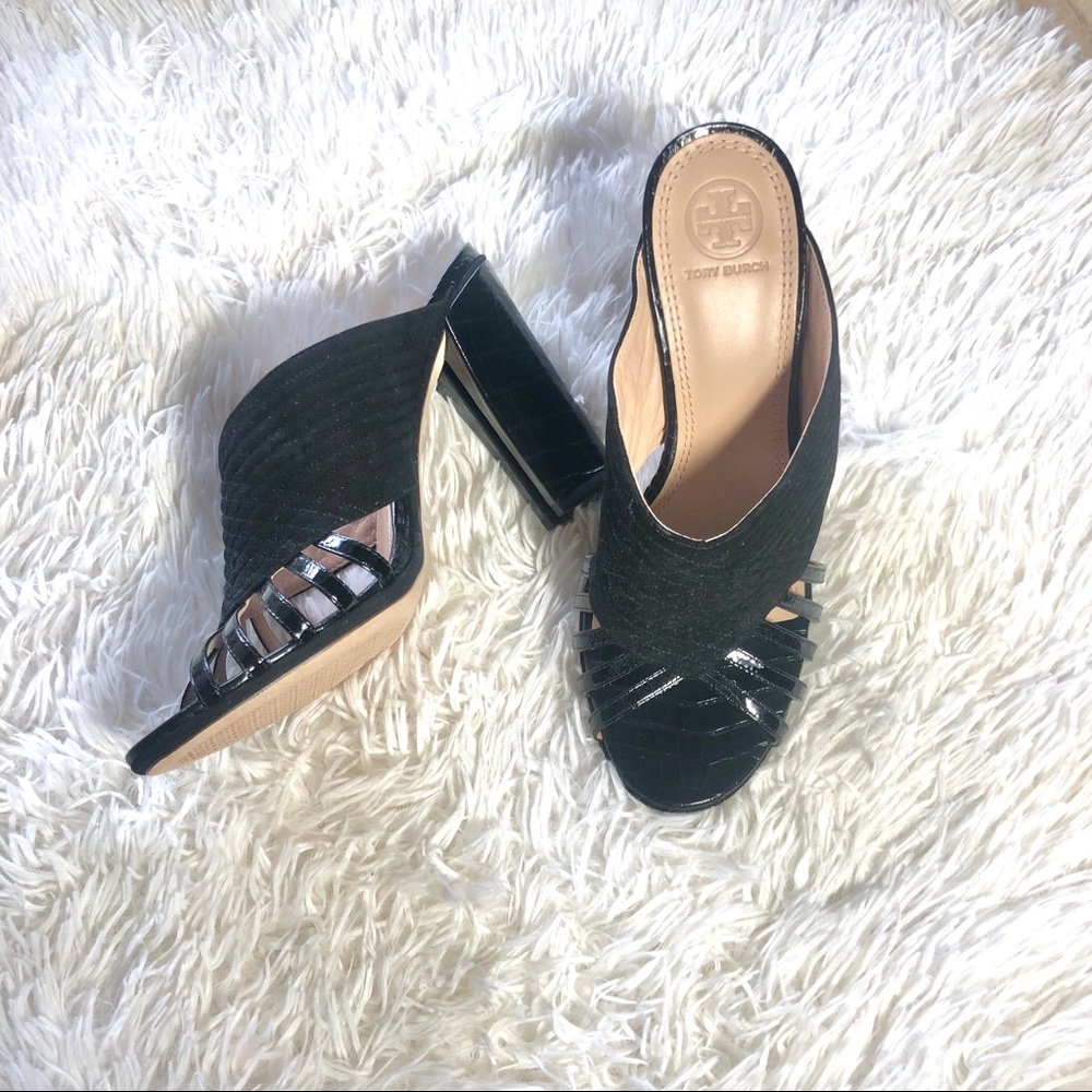 Tory Burch Brida Black Quilted Open Toe Mules